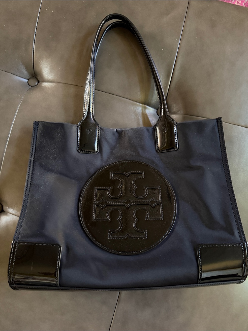 Tory Burch Black Nylon Tote with Patent Trim